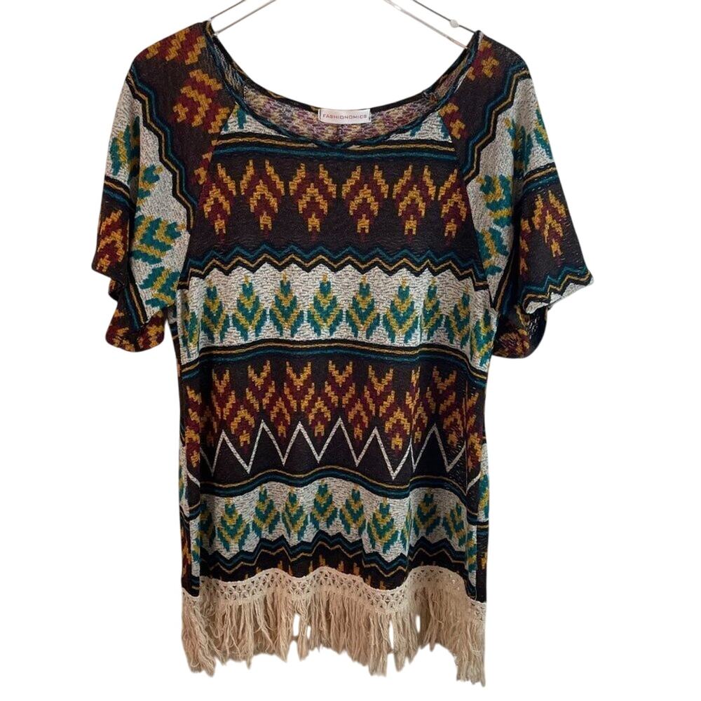 Aztec Print Top With Fringe Trim Size Medium